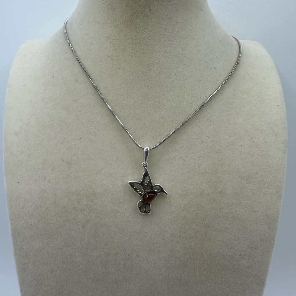Silver and Amber Hummingbird Pendant Necklace on Silver Plated Snake Chain